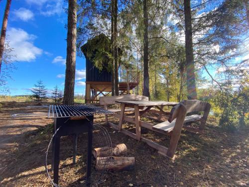 a picnic table and a grill in the woods at Viking house in the tree! Jacuzzi, Sauna,apkure! in Līči