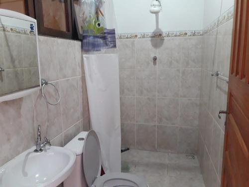 a bathroom with a sink and a toilet and a shower at Pousada da Tom-Ubatuba Perequê-Açu in Ubatuba