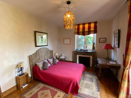 バニェール・ド・ビゴールにあるChambres Rue De Lorryのベッドルーム(赤いベッド1台、暖炉付)