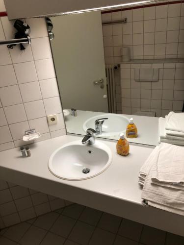 a bathroom with a white sink and a mirror at Ferienwohnung Hochschwarzwald in Hinterzarten