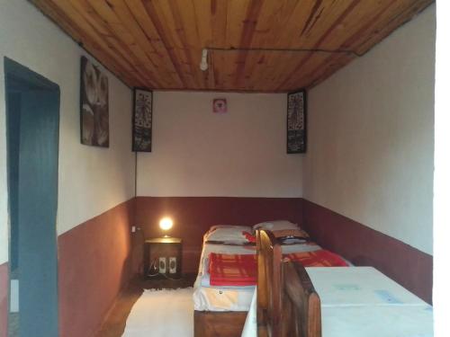 Cette petite chambre comprend deux lits et un plafond en bois. dans l'établissement IVATO Airport STUDIOS CHAMBRES, à Ivato