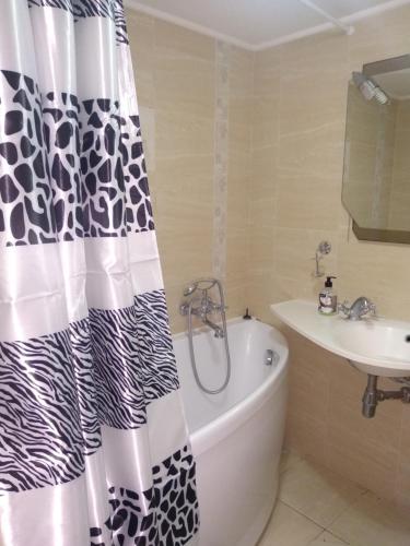 La salle de bains est pourvue d'un rideau de douche noir et blanc. dans l'établissement Центр, Євгена Коновальця, 3, à Loutsk