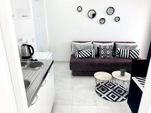een kleine keuken en een woonkamer met een bank bij Apartments Monako in Herceg-Novi