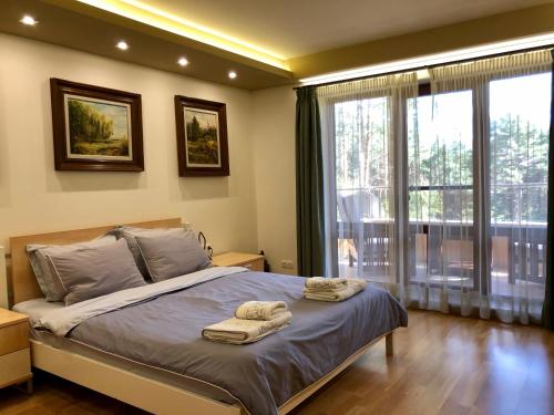 een slaapkamer met een bed met twee handdoeken erop bij Luxury Villa Borina in Zheleznitsa
