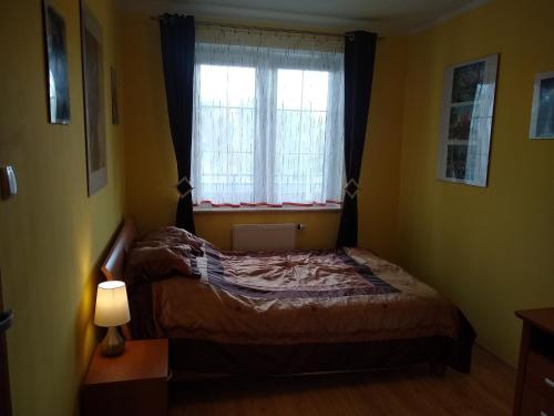a small bedroom with a bed and a window at Green Apartment z bezpłatnym parkingiem in Olsztyn
