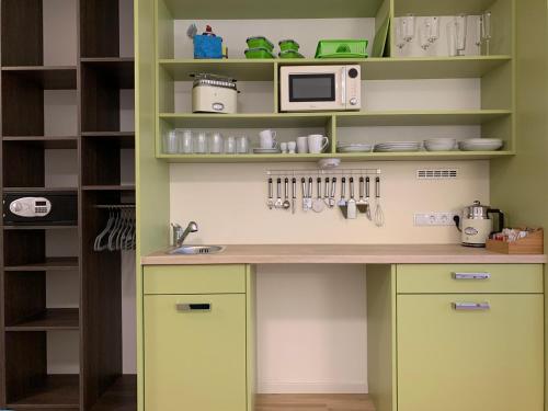 a kitchen with a counter with a sink and a microwave at Park-Lodge Am Rohrbusch in Münster