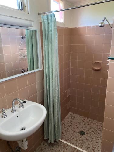 a bathroom with a sink and a shower at Paddle Steamer Motel in Swan Hill