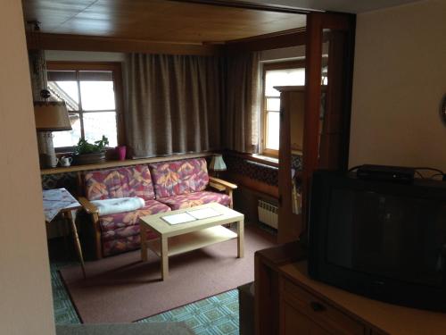 a living room with a couch and a tv at Bichlhof in Ramsau im Zillertal