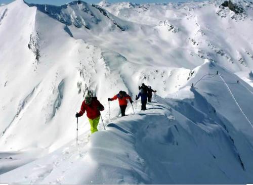 a group of people skiing on a snow covered mountain at Ferienwohnung in den Bergen mit grosser Terrasse in Bivio