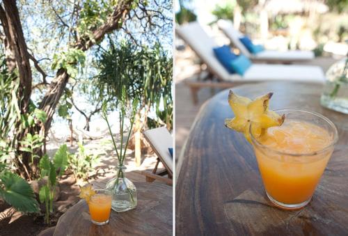 two pictures of a glass of orange juice on a table at Sueño del Mar Beachfront Hotel in Tamarindo