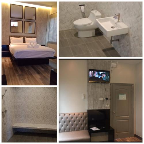 three pictures of a hotel room with a bed and a sink at Chics Resort ชิคส์รีสอร์ท in Ban Khlong Nung