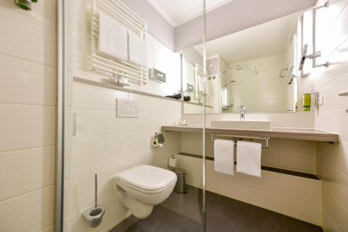 a bathroom with a toilet and a sink at Landhotel Burg im Spreewald - Resort & Spa in Burg