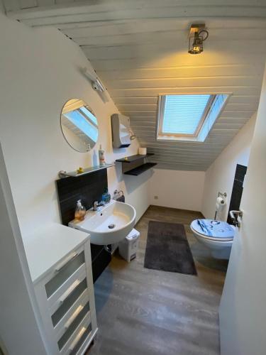 een badkamer met een wastafel en een toilet bij Pension Regenbogen in Triptis