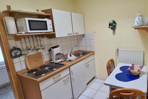 uma pequena cozinha com um lavatório e um micro-ondas em Ferienwohnung E. Storm em Kellenhusen