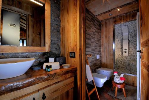 a bathroom with a sink and a toilet at Aparthotel Foyer d'antan SUITE con caminetto hammam o vasca idromassaggio in Brusson