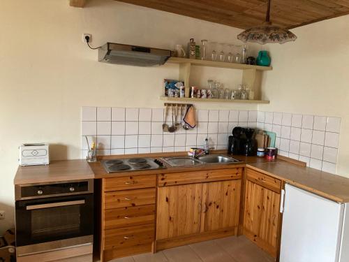 a kitchen with a sink and a stove at Ferienhaus 47 am Zeulenrodaer Meer in Zadelsdorf