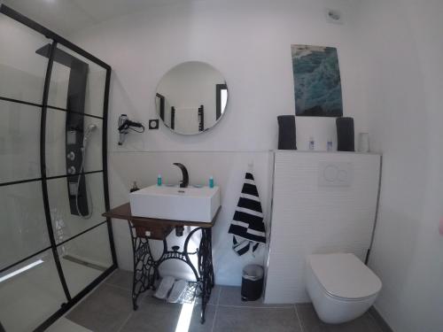 une salle de bain avec un lavabo, des toilettes et un miroir dans l'établissement Sanarybeach, à Sanary-sur-Mer