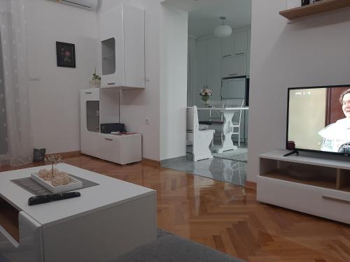 a living room with white furniture and a tv at Carev Dvor in Vrdnik