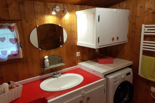 ein Bad mit einem Waschbecken und einem Spiegel in der Unterkunft Petit chalet savoyard in Domancy