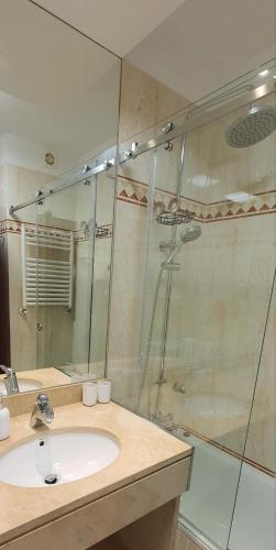 a bathroom with a sink and a glass shower at VIVER D'AMOR Oporto Douro River Flat in Vila Nova de Gaia