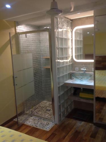 une salle de bain avec une douche en verre et un lavabo dans l'établissement Loft Panier Vieux Port, à Marseille