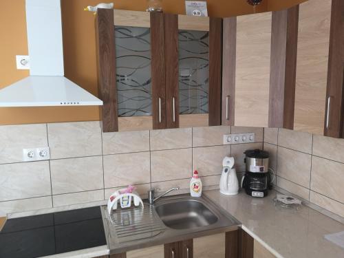 a kitchen with a sink and a counter top at Tündér Szálló in Eplény