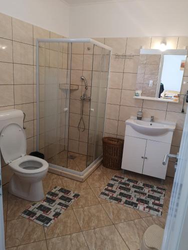 a bathroom with a shower and a toilet and a sink at Tündér Szálló Eplény in Eplény