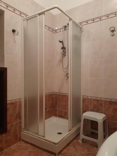 un bagno con box doccia e sgabello. di Appartamento per Turisti Mesovia a Santa Severina