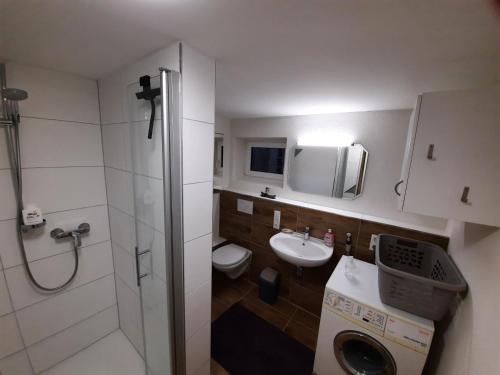 a bathroom with a shower and a sink and a washing machine at Ferienwohnung Tuniberg in Umkirch