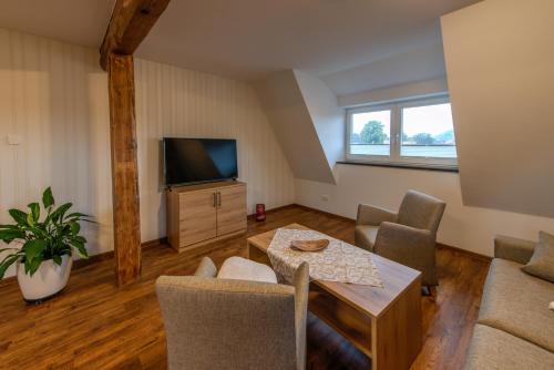 a living room with a table and a tv at Heidequartier Harz in Wernigerode