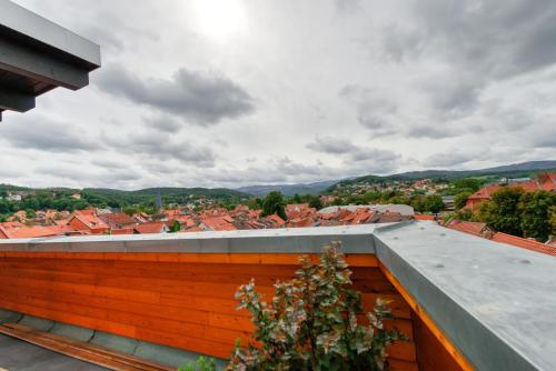 a view of a city from the roof of a house at Heidequartier Harz in Wernigerode
