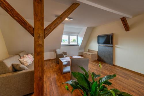 a living room with a couch and a tv at Heidequartier Harz in Wernigerode