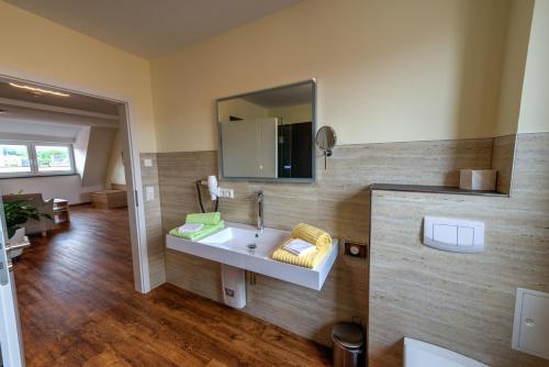 a bathroom with a sink and a mirror at Heidequartier Harz in Wernigerode