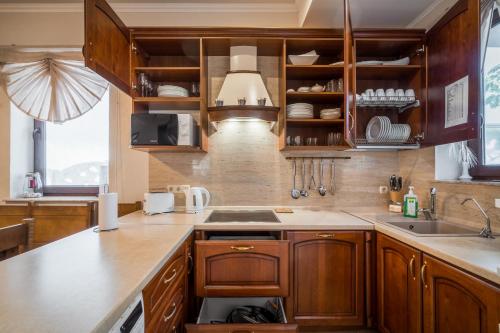 a kitchen with wooden cabinets and a sink at Villa Bugaz in Zatoka