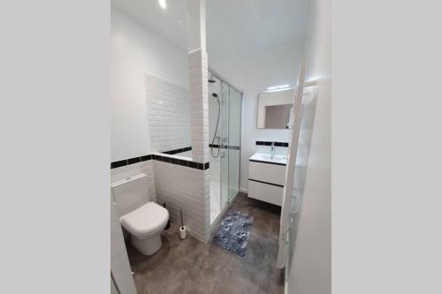 une salle de bain blanche avec des toilettes et un lavabo dans l'établissement Studio idéalement situé au calme, à Lorient