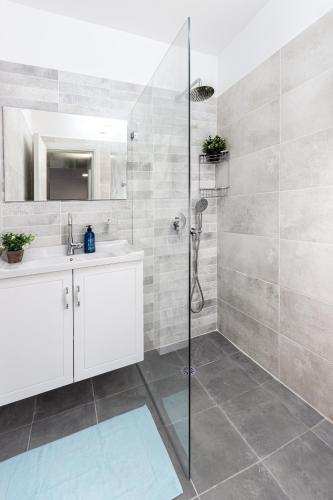 a bathroom with a shower and a sink at La Maison de Raphael in Netanya