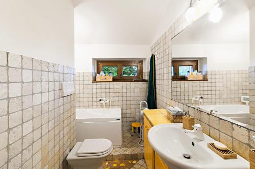 a bathroom with a white toilet and a sink at Chalet Mirastelle in Pretoro