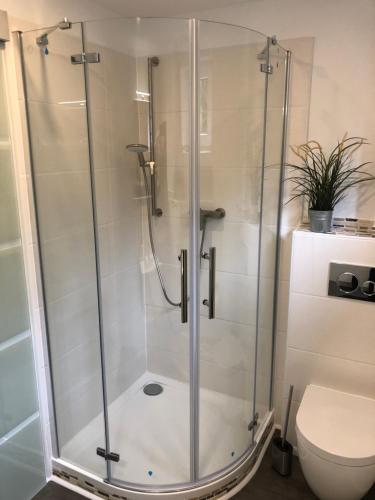 a shower with a glass door in a bathroom at Schöne Ferienwohnung nahe Heidelberg in Bammental