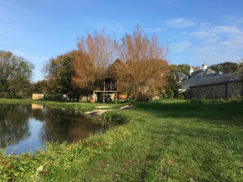 a house next to a pond in a yard at Little Barn, Greendale Farm in Barnstaple