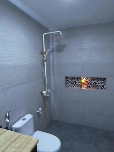 a bathroom with a toilet and a fire in the wall at The Sunrise Huraa in Huraa