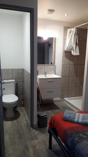 a bathroom with a toilet and a sink and a tub at Les TREMIERES in Saint-Paul-des-Fonts