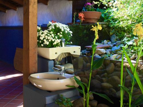 ein Badezimmer mit einem WC und einem Blumengarten in der Unterkunft Hotel Alt Ebingen in Albstadt