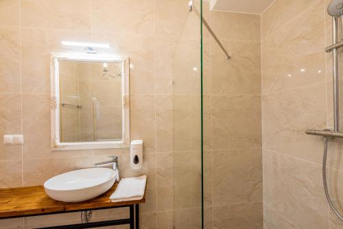 a bathroom with a shower, sink, and toilet at Kamienica Zamenhofa - Apartamenty na wynajem in Białystok