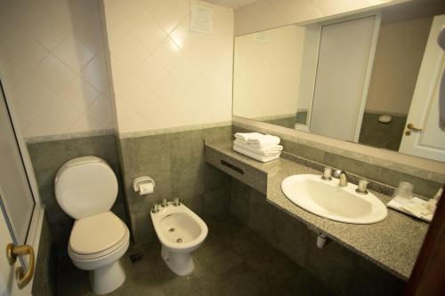 La salle de bains est pourvue de toilettes, d'un lavabo et d'un miroir. dans l'établissement Aguas Del Sur, à San Carlos de Bariloche