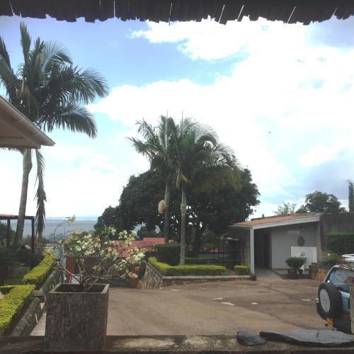 a house with palm trees and a parking lot at Carpe Diem Guesthouse in Entebbe