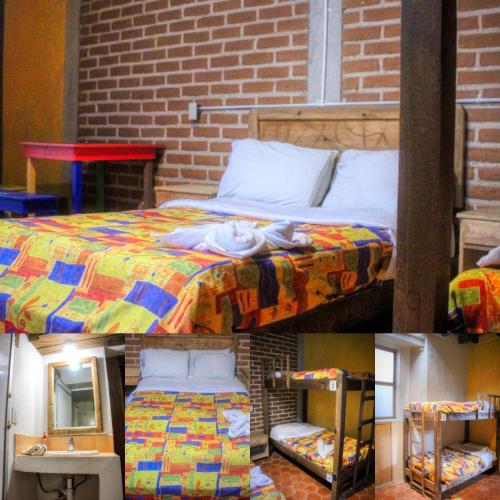 two pictures of a bed in a room at Rossco Hostel & Hotel in San Cristóbal de Las Casas