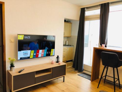 a living room with a large flat screen tv at Ferienwohnung Rapunzel in Altenau