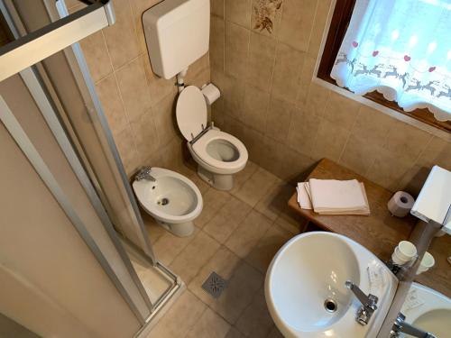 un piccolo bagno con servizi igienici e lavandino di Casa Sosio a Bormio