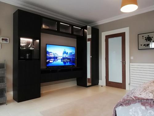 a bedroom with a tv in a black entertainment center at 1 bed studio in Castlebar