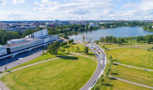 an aerial view of a large building next to a river at Crowne Plaza Helsinki - Hesperia by IHG in Helsinki